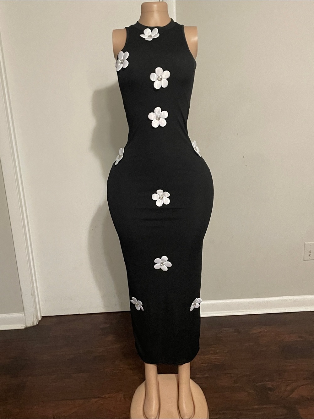Black Sleeveless Maxi Dress with White Floral Accents